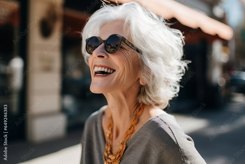 Portrait of a smiling senior woman wearing sunglasses in the city. Portrait of a smiling senior woman wearing sunglasses in the city.