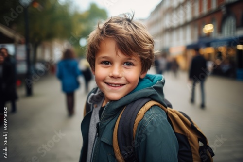 Little boy with a backpack on a city street. Portrait of a smiling child