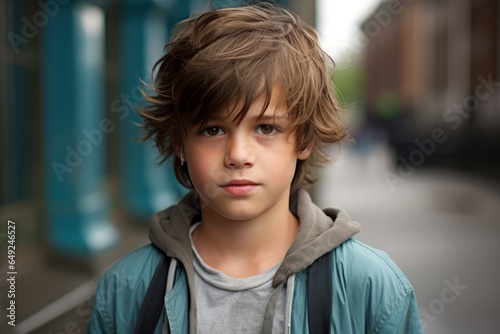 Portrait of a young boy with a backpack on the street.