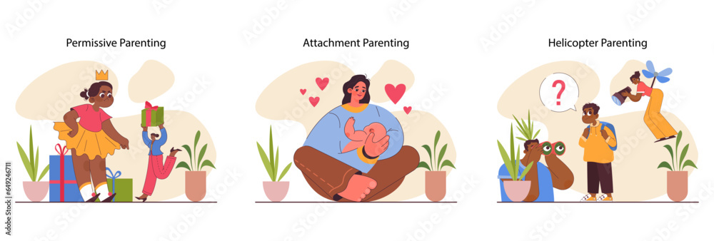 Parenting styles set. Different children raising methods. Authoritative Parenting styles set. Different children raising methods. Authoritative