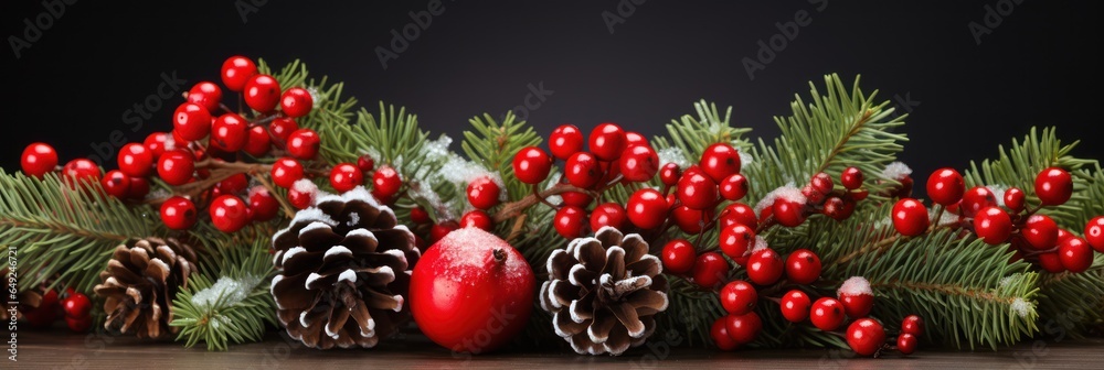 Christmas decoration garland with red baubles, pine cones and berries on black background. 