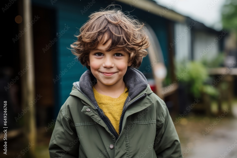 Portrait of a cute little boy with curly hair and green jacket