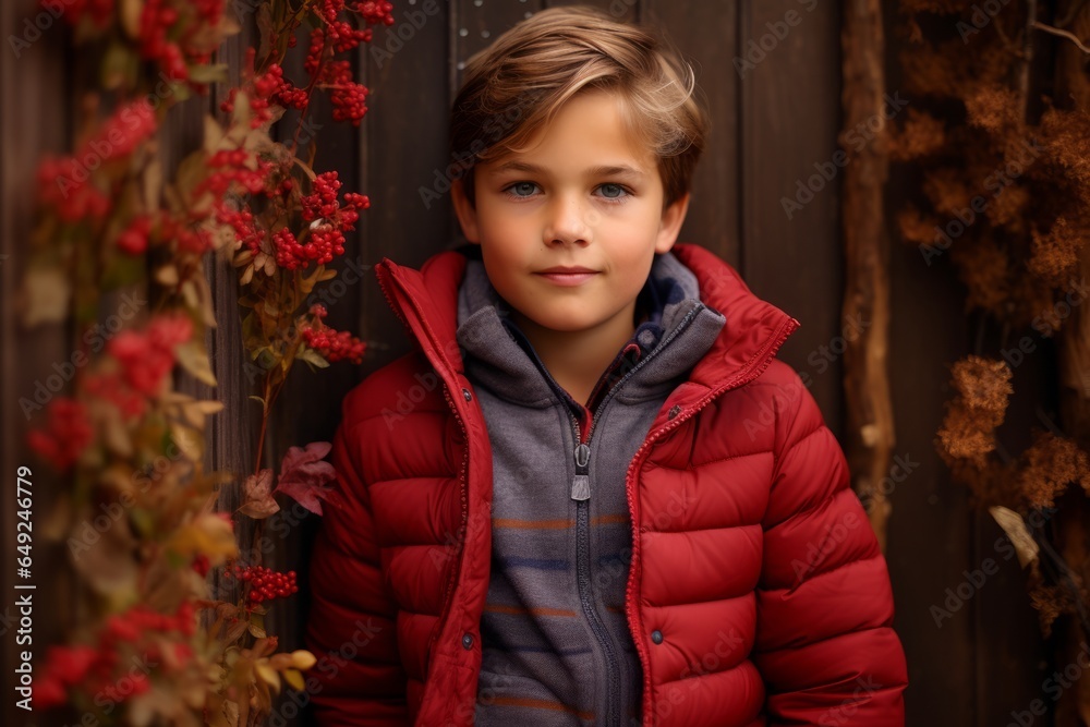 Outdoor portrait of a cute little boy in a red jacket. Autumn fashion. Outdoor portrait of a cute little boy in a red jacket. Autumn fashion.