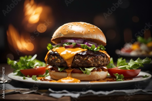 Burger beef big size with vegetable and tomato ketchup, cheesy hamburger mouthwatering tasty delicious on a plate.