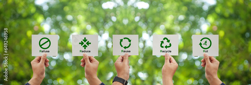 Hand holding Reuse, Reduce, Recycle, Refuse, Rot symbol. 5 Concept of Zero waste, eco friendly, sustainable development, environmental responsibility and ecological lifestyle. Conscious consumption. 