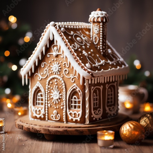 Christmas gingerbread cookie house shaped on wooden background closeup, Xmas decoration