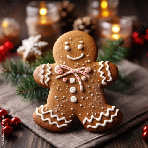 Christmas gingerbread man cookie closeup, Xmas decoration