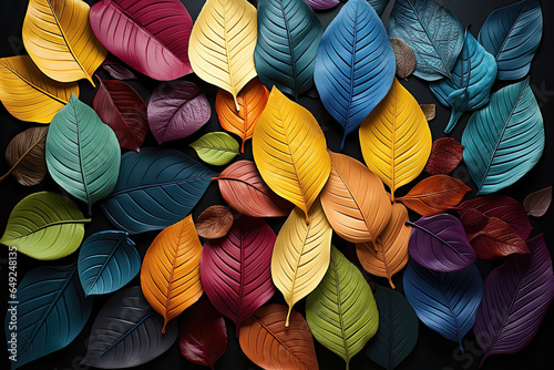 Illustration of leaves in various colors on a black background. 