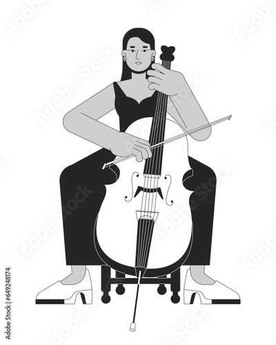 Concert cello girl black and white cartoon flat illustration. Middle eastern adult woman musician cellist 2D lineart character isolated. Play orchestra instrument monochrome scene vector outline image