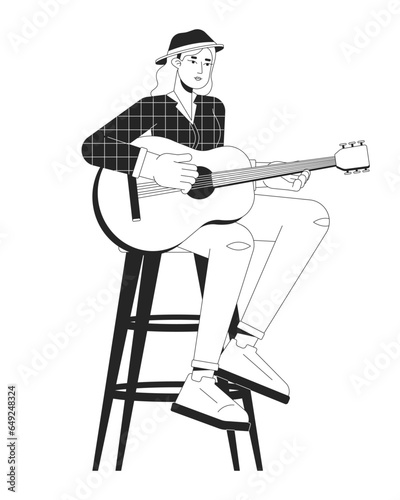 Female guitarist playing country music black and white cartoon flat illustration. European woman country singer 2D lineart character isolated. Music performer monochrome scene vector outline image