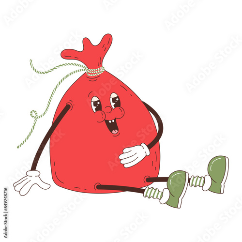 Retro cartoon full gift bag character. Merry Christmas and Happy New year in trendy groovy hippie style.