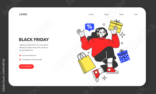 Black friday web banner or landing page. Happy character with shopping