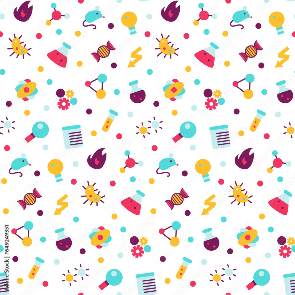 Pictogram of chemical lab tests seamless pattern. Laboratory reagents and equipment for science. Test tubes and materials for chemical research. Ornament for printing on fabric, cover and packaging Pictogram of chemical lab tests seamless pattern. Laboratory reagents and equipment for science. Test tubes and materials for chemical research. Ornament for printing on fabric, cover and packaging