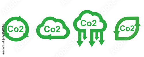 CO2, Reduction of CO2 emissions outline green icons set. Zero carbon footprint, CO2 neutral, greenhouse effect concept on white background eps10