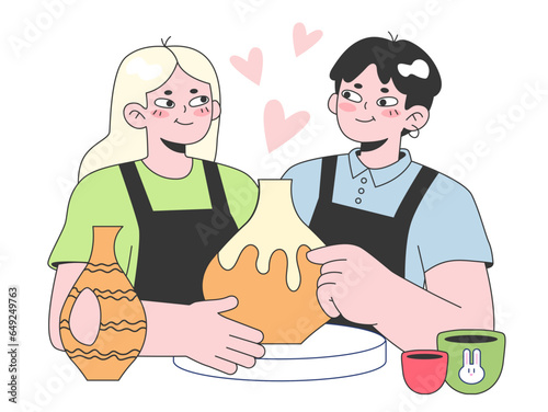 Cute romantic couple at the pottery studio class. Young woman and man