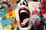 Woman's mouth screaming. Collage contemporary grunge style design. Generative Ai