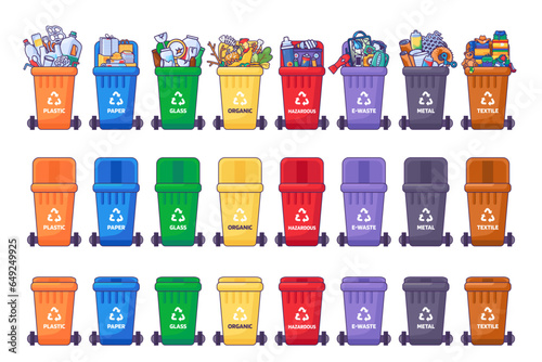 Collection of containers of different colors for sorting different types of household and industrial waste. Closed, open, empty, filled bins with recycle sign. Stroked cartoon outline isolated vector