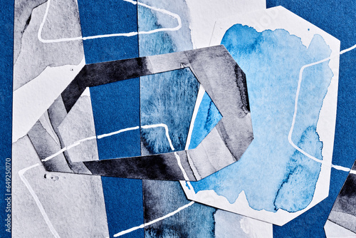 Art collage, painted pieces glued on paper layout. Abstract geometric colorful background, frames for text with copy space