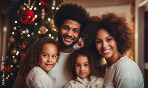 happy african american family hugging near christmas tree at home
