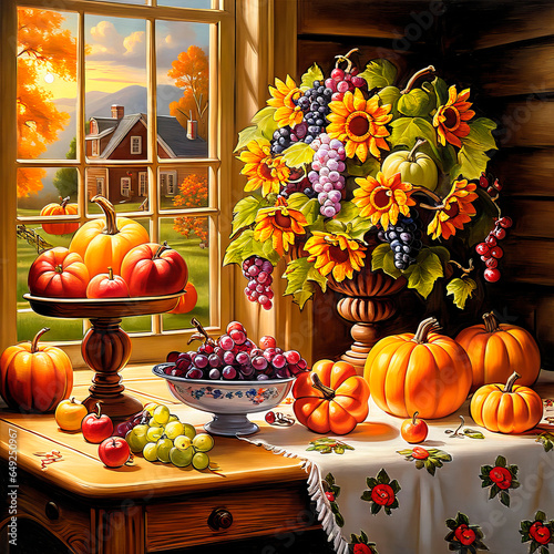 Autumn illustration in vintage style. Rich harvest. Still life.