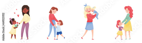 Happy Woman Mother Cuddling Her Kids Vector Set