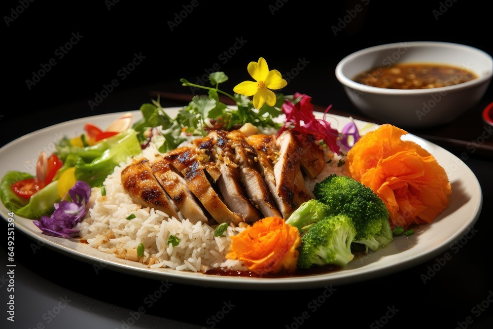 Grilled chicken with rice and vegetables on a black background in a restaurant, well decorated, delicious platter Grilled chicken with rice and vegetables on a black background in a restaurant, well decorated, delicious platter