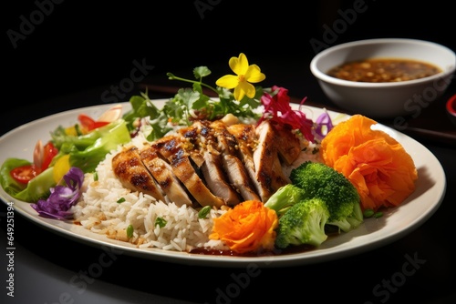 Grilled chicken with rice and vegetables on a black background in a restaurant, well decorated, delicious platter