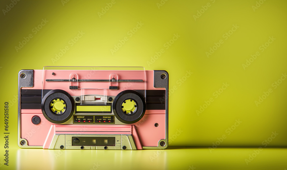 Naklejka premium Cassette tape close up, blank for of label, isolated and presented in punchy pastel colors, for nostalgic 90s creative design cover, poster, book, flyer, magazine, card, web & print copy space