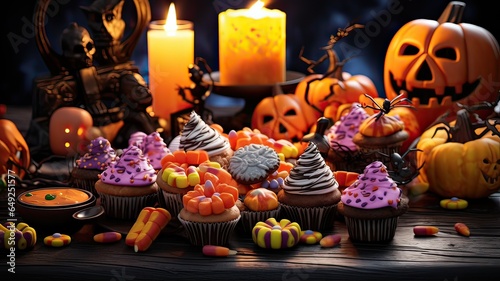 Halloween cupcakes on wooden board. Generative AI. © Lux Images