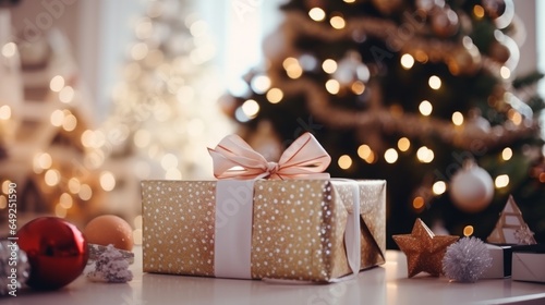 Beautiful Christmas gifts on table setting with christmas tree and bokeh