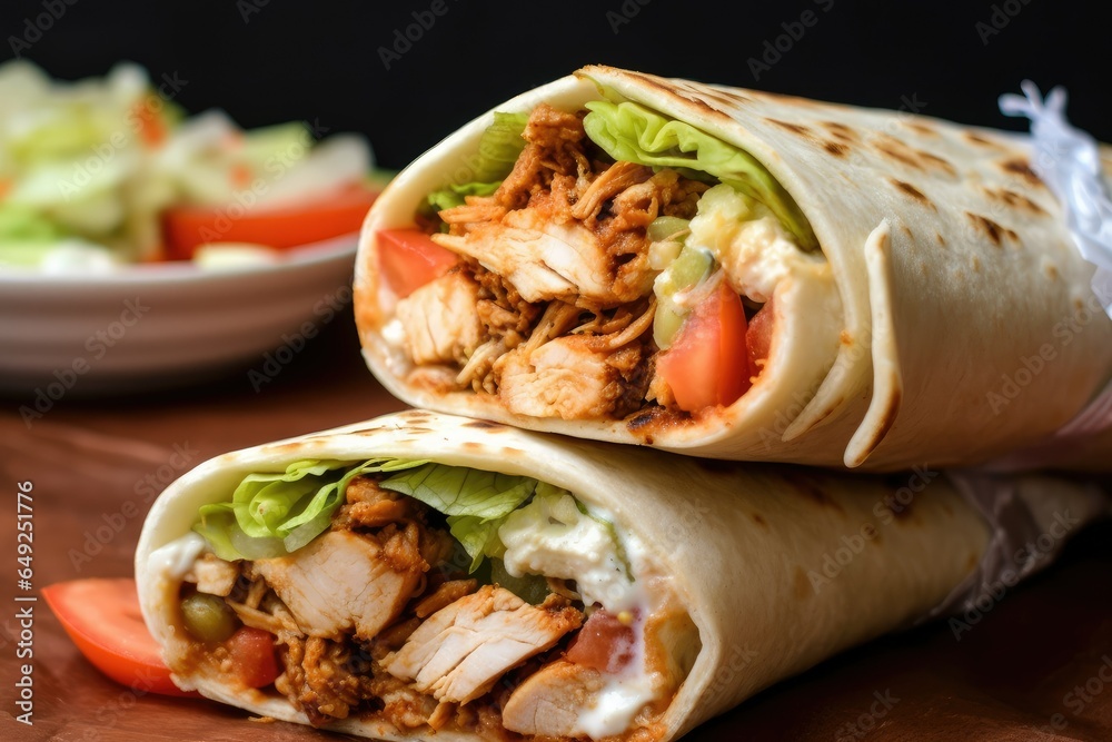 Tortilla wrap with chicken, lettuce, tomato and cucumber, chicken shawarma, delicious chicken wrap - obrazy, fototapety, plakaty 