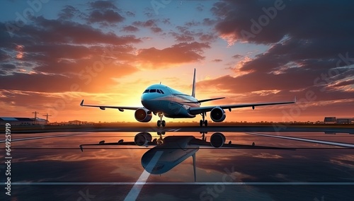 Airplane in the runway with sunset sky background.