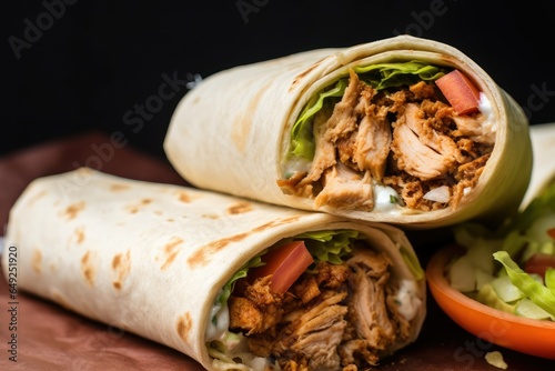 tortilla wrap with chicken meat and vegetables on a black background, non-veg food, delicious chicken wrap, mexican wrap