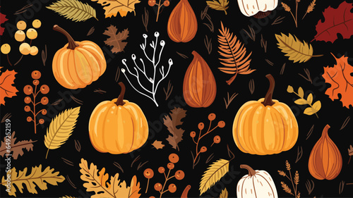 Autumn decorative seamless pattern with pumpkins and seasonal elements, acorns, plants, leaves