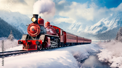 Old red locomotive chugging through spectacular snowy landscape