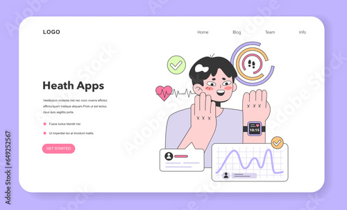 Health tracker smart watch web banner or landing page. Character