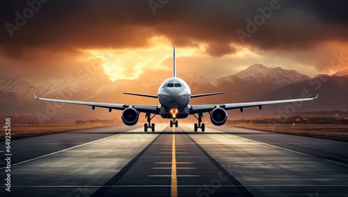 Airplane in the runway with sky background.