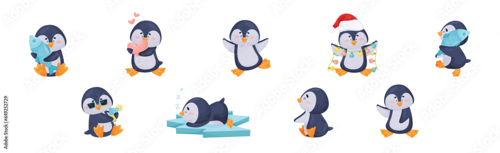 Fototapeta premium Cute Penguin Character with Happy Face Vector Set