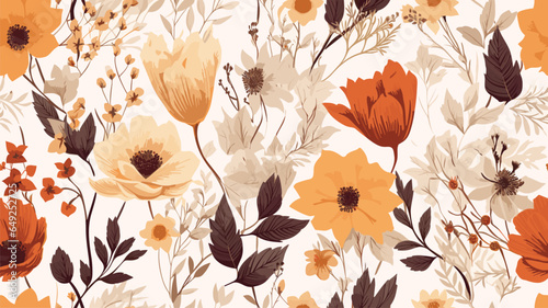 Autumn floral seamless pattern, elegant wallpaper, background with different flowers and plants, seasonal design