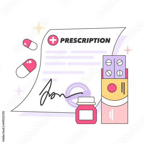 RX prescription. Painkiller pills or capsule medication prescription. Purchasing