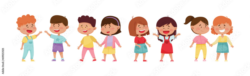 Happy Friendly Children Characters Playing Together Vector Set