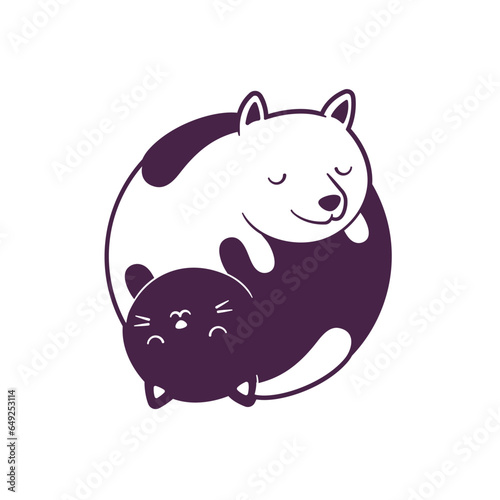 Funny yin yang pets concept symbol with puppy (dog) and kitty (cat) vector illustration isolated on white