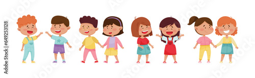 Happy Friendly Children Characters Playing Together Vector Set