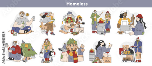 Homeless people set. Male and female beggar wearing ragged and dirty