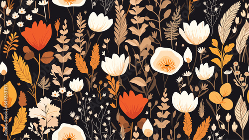 Autumn floral seamless pattern, elegant wallpaper, background with different flowers and plants, seasonal design
