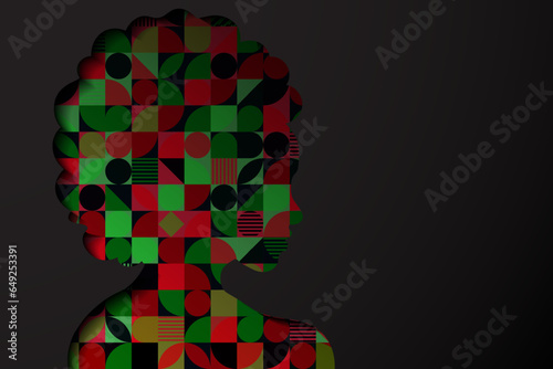 Silhouette of a woman with afro hair on abstract geometric pattern background. Vector Illustration.