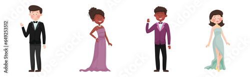 Young Man and Woman in Evening Dress and Dinner Jacket Vector Set