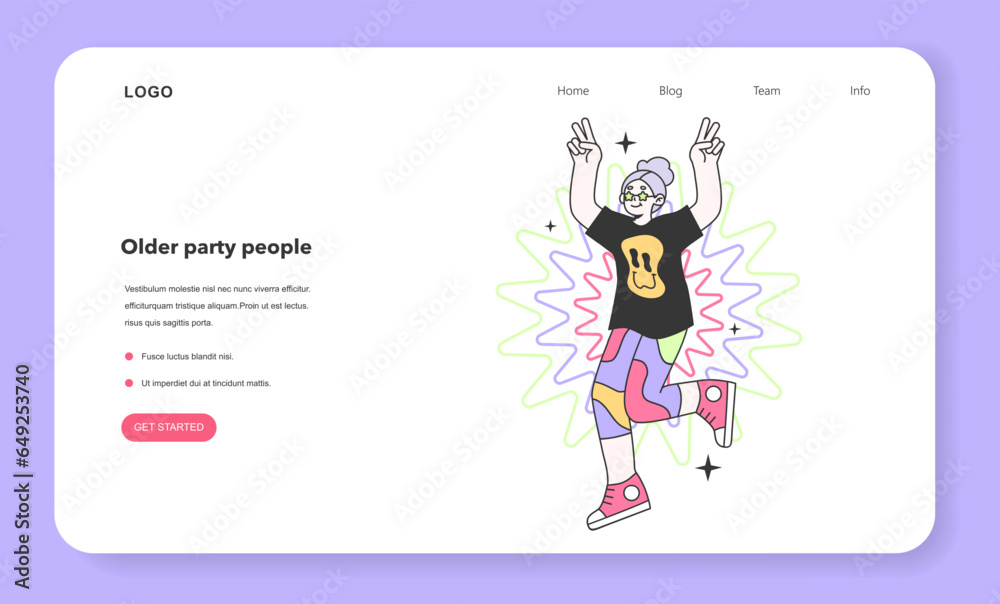 Mature character at the party web banner or landing page.