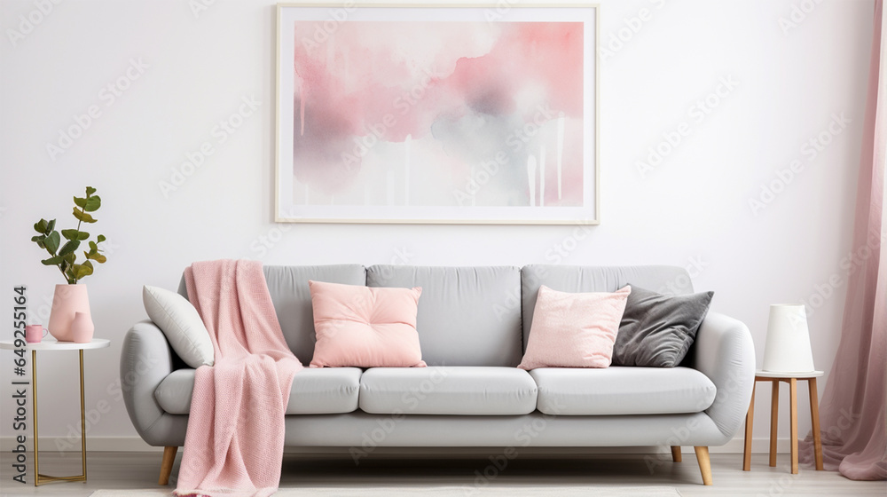 Naklejka premium Grey sofa with pink pillows and blanket. Generative AI