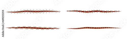 Baseball Stitches and Red Lace with Loop of Thread Isolated on White Background Vector Set